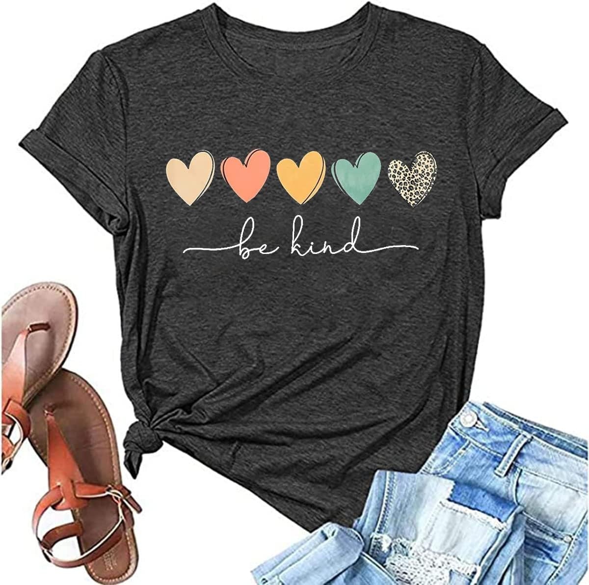 Be Kind Heart Print Teacher T-Shirt Boho Graphic Tee Vintage Inspirational Top gallery