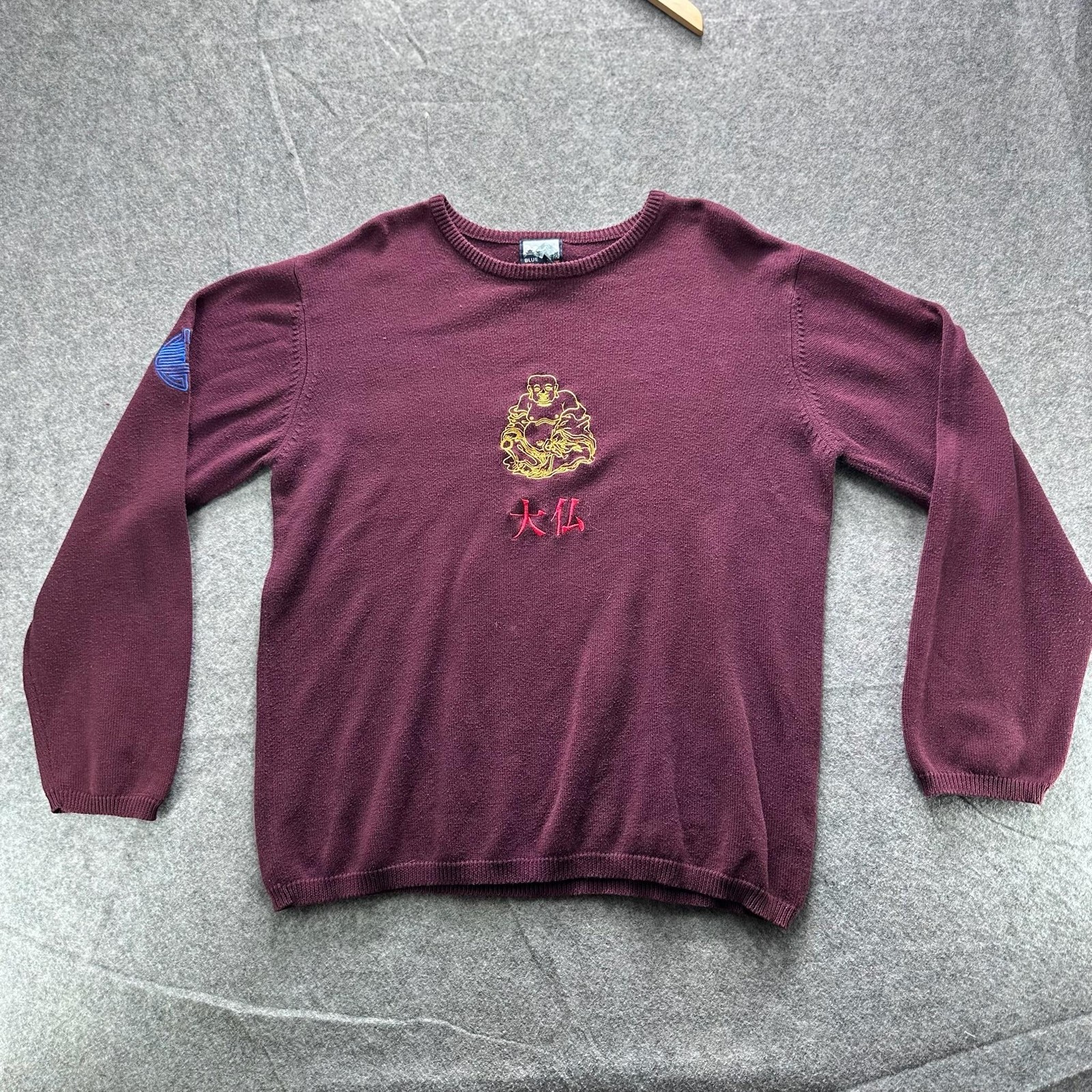 Blue Tibet Sweater Mens L Purple Embroidered Buddha Crewneck Knit Winter gallery