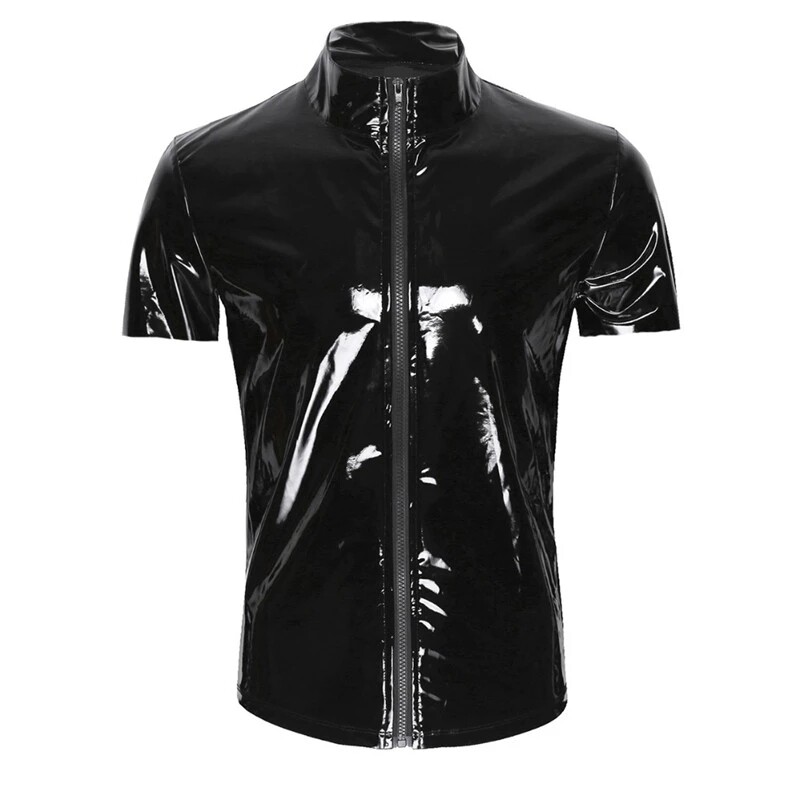 Sleeve Men T-shirt Top Zipper Clubwear Vest Costume PVC Leather Underwear Long gallery