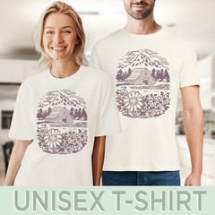 Rustic Barn Mountain Landscape Graphic Tee Woodcut Style Nature Art
