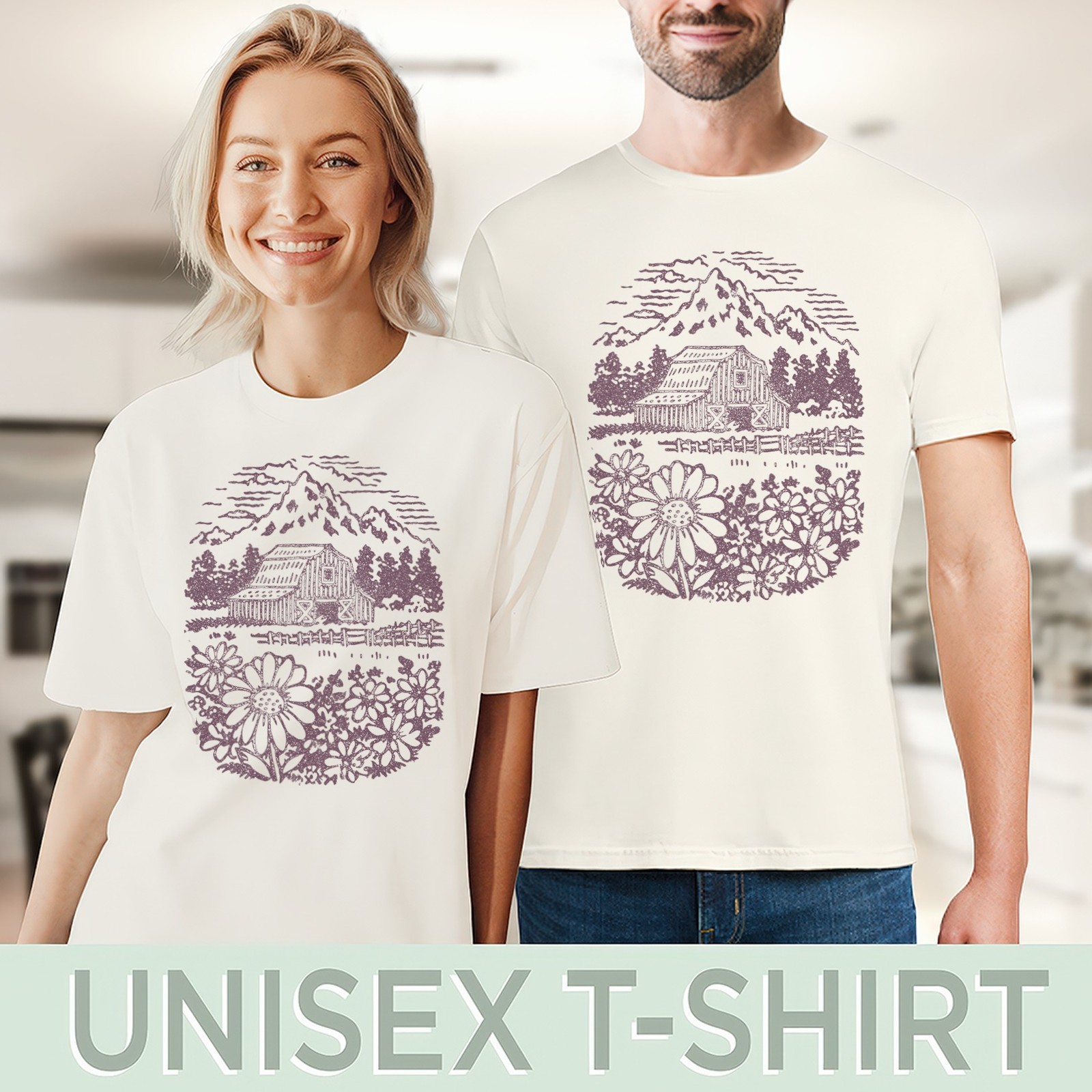Rustic Barn Mountain Landscape Graphic Tee Woodcut Style Nature Art gallery