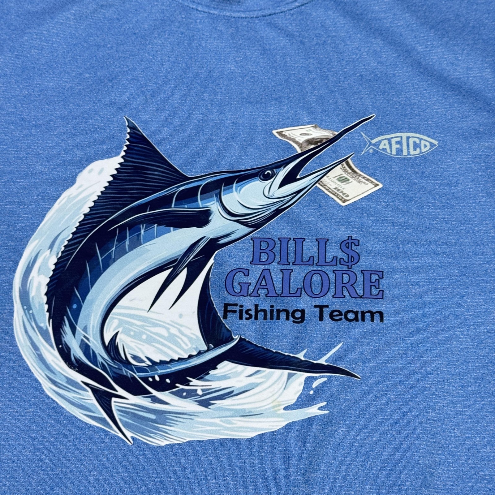 AFTCO Shirt Mens Medium Blue Bills Galore Fishing Team Graphic Moisture Wicking gallery