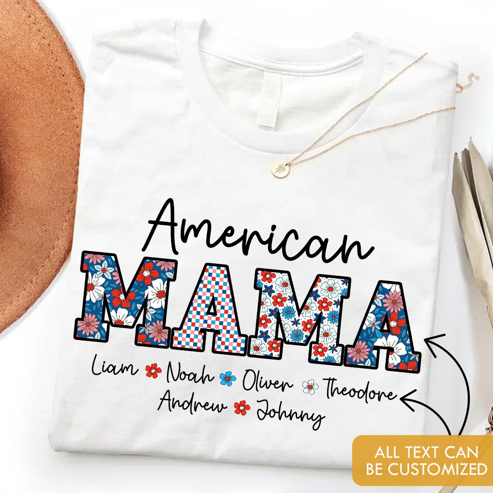 Personalized American Mama Shirt Kids Names Patriotic 4th of July Mom Gift Tee gallery
