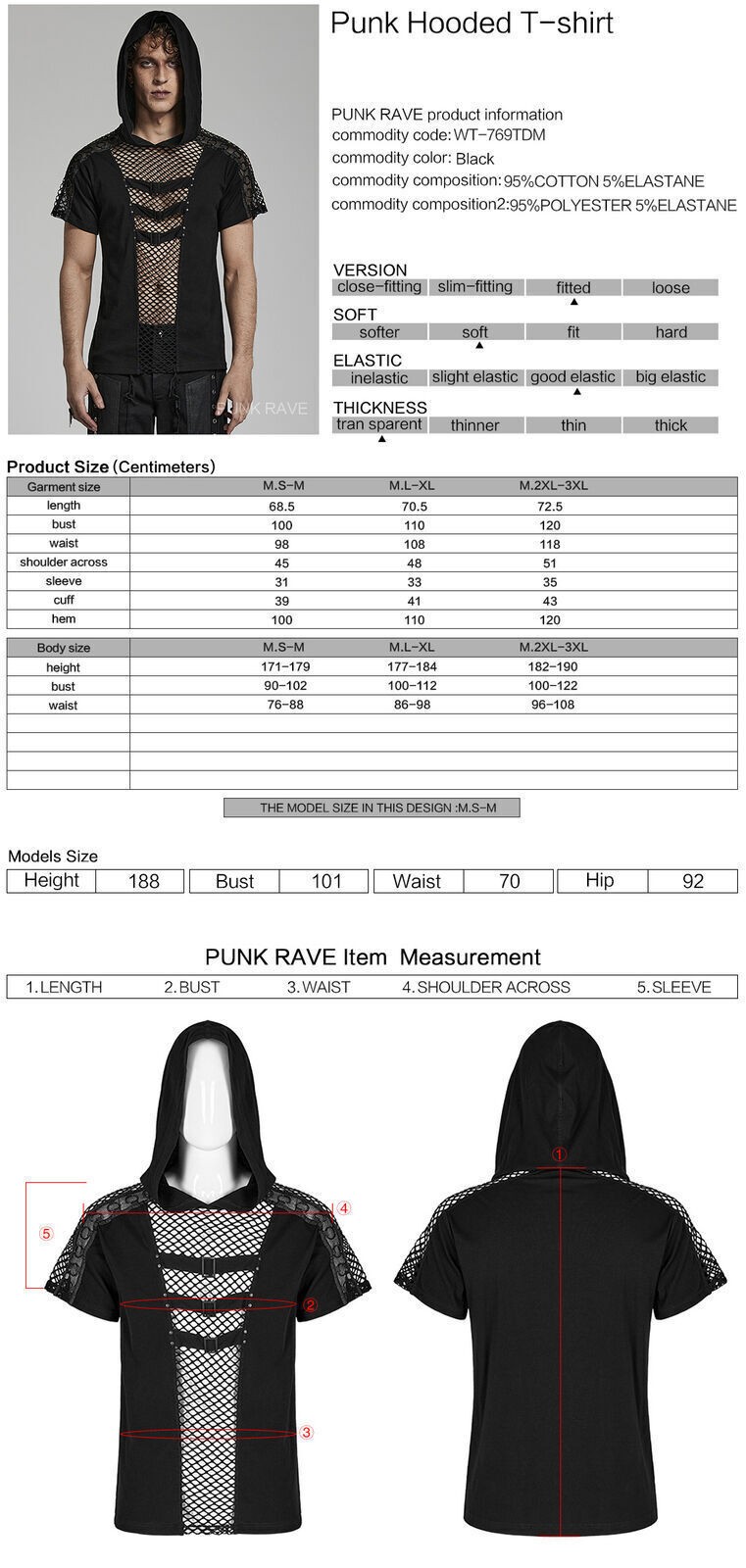 Punk Rave Black Slim Mesh Splicing Tops Sexy Knitted Hooded Cotton Men T-Shirt gallery