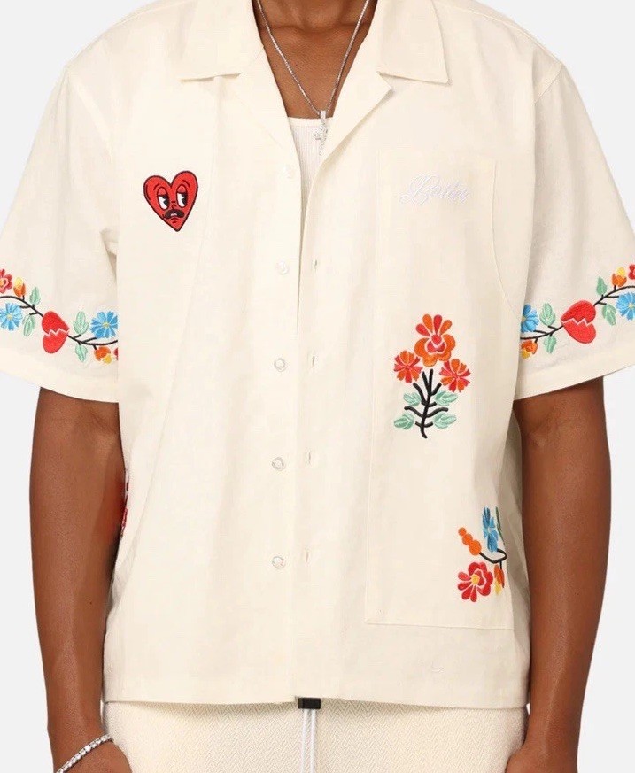 Loiter Embroidered Mens 3XL Linen Cotton Short Sleeved Shirt Oasis Cream gallery