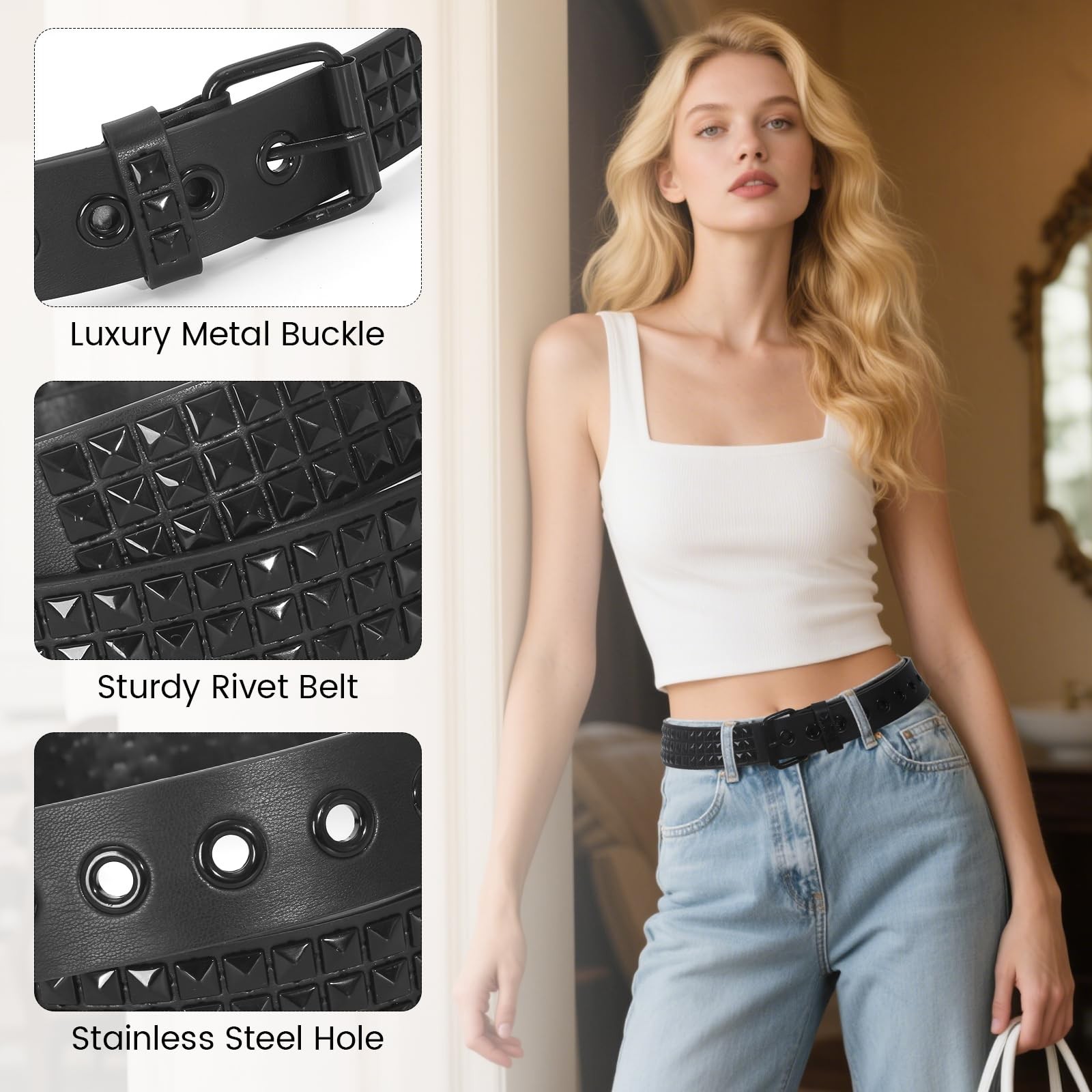 3 Pcs Studded Belt Y2K Metal Goth Punk Rock Rivet Belt with Bright Pyramid St... gallery