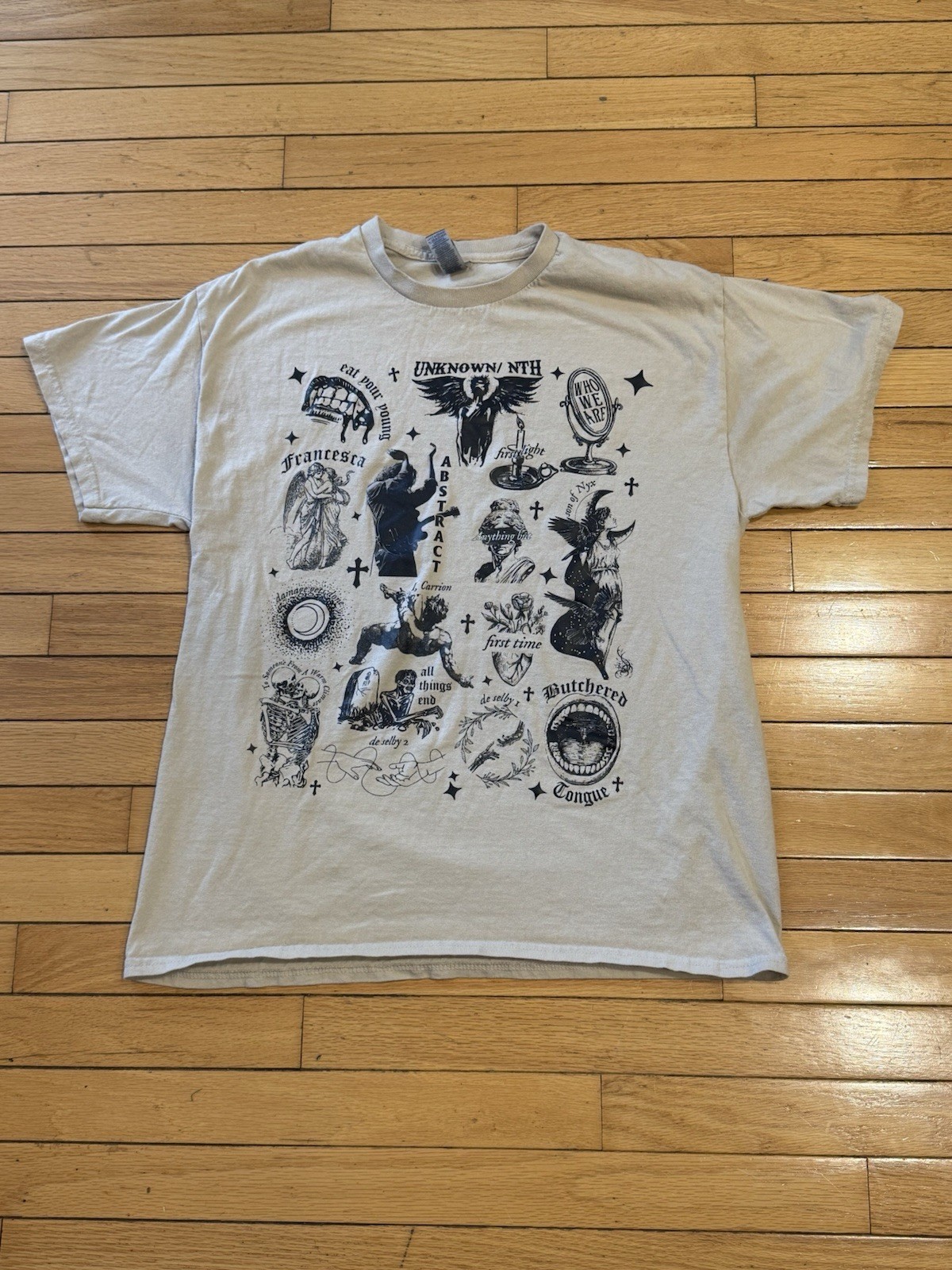 Unknown/NTH Abstract Graphic T-Shirt Beige Size Large Goth Grunge Streetwear gallery