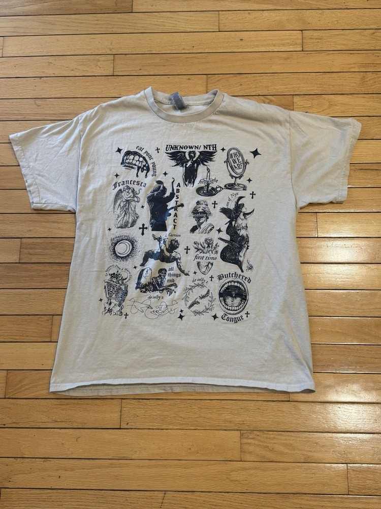Unknown/NTH Abstract Graphic T-Shirt Beige Size Large Goth Grunge Streetwear