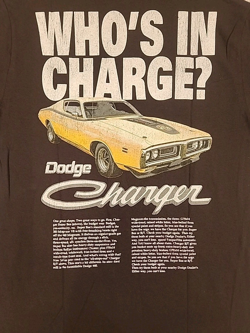 New Dodge Charger Who's In Charge Mens Large Muscle Car Black Cotton Tee Mopar gallery