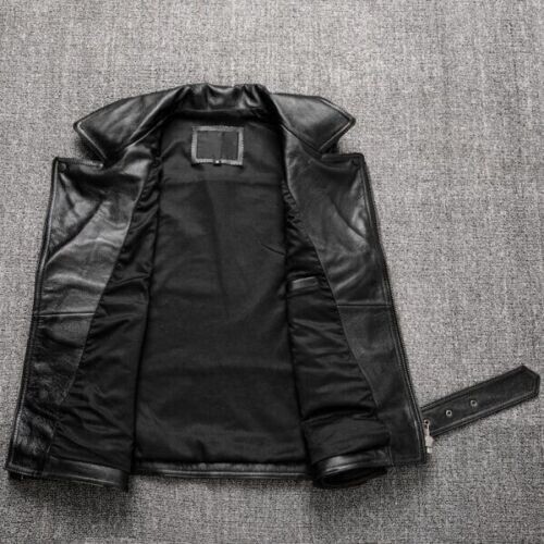 leather New Men’s Real Lambskin Leather Black Biker Motorcycle Sleeveless Belted