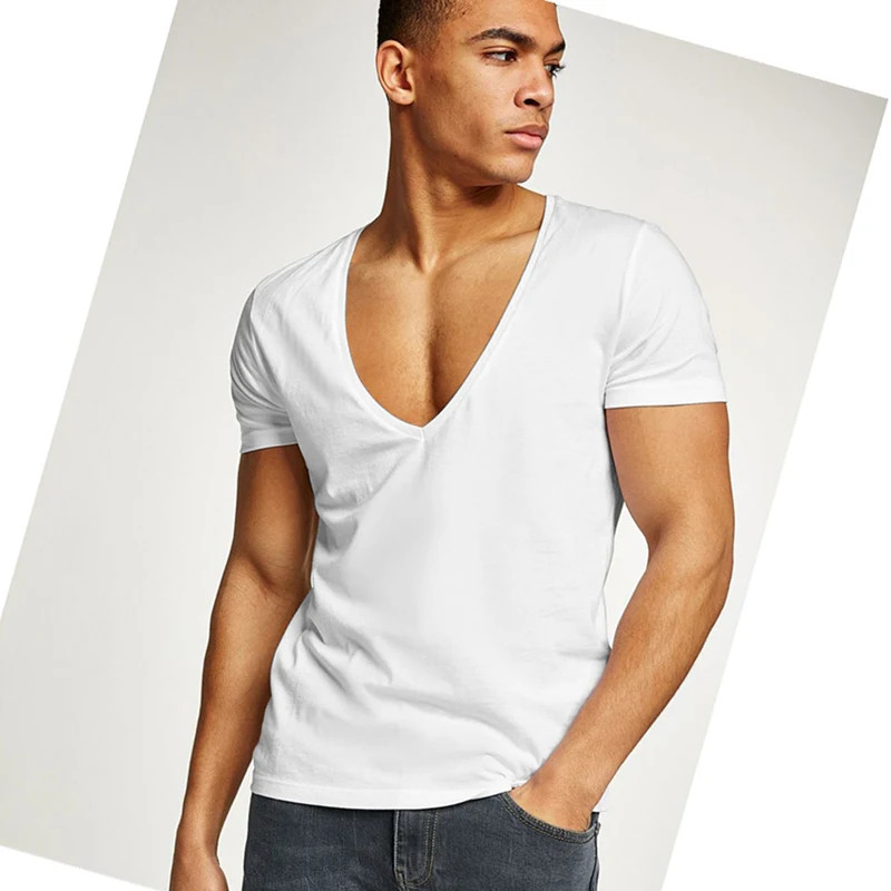 Men's T-Shirt Deep V-Neck Cotton Fitness Leisure Solid Color Tops Tees gallery