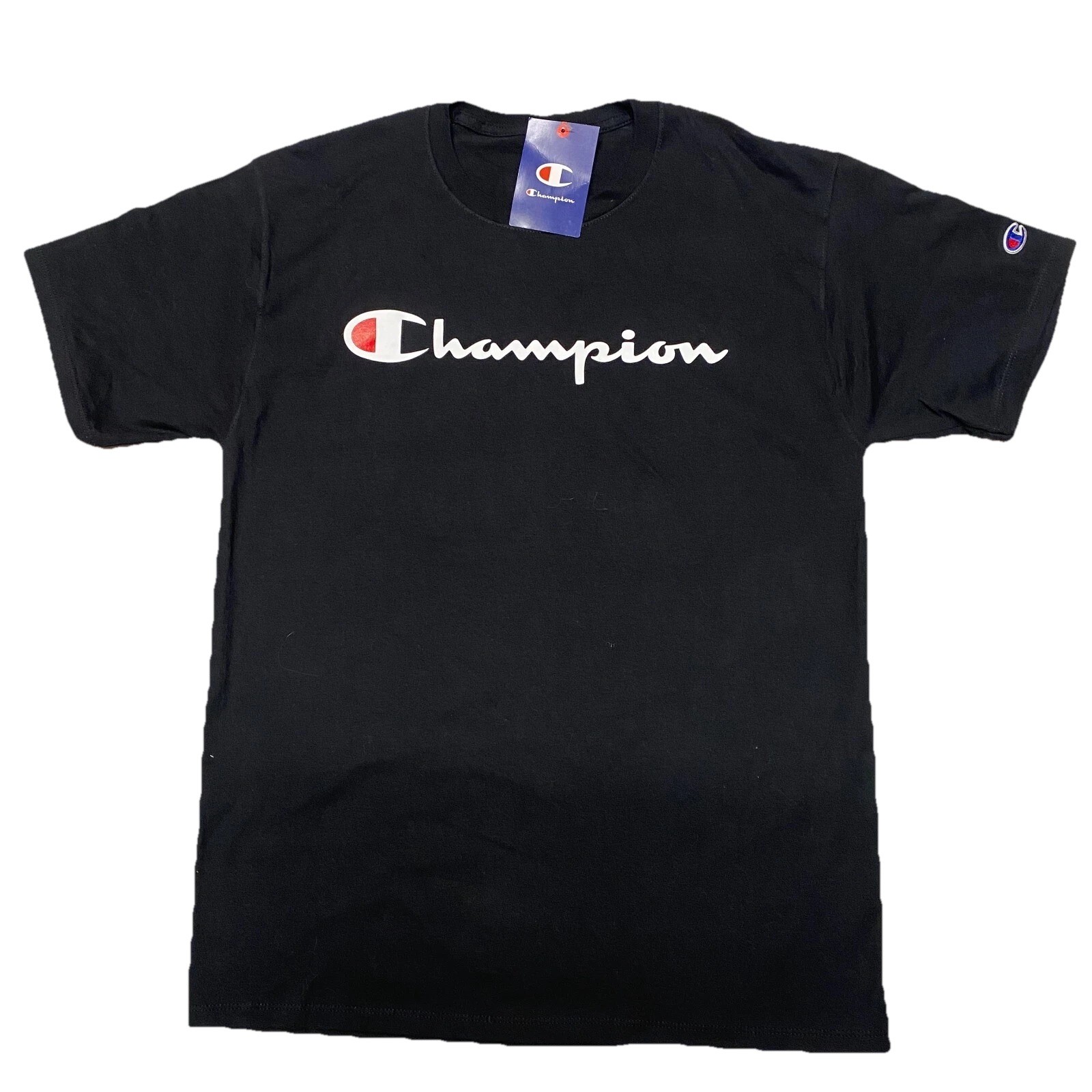 Champion Short Sleeve T-Shirt Velour Spellout Logo Men Medium Black Trendy Crew gallery