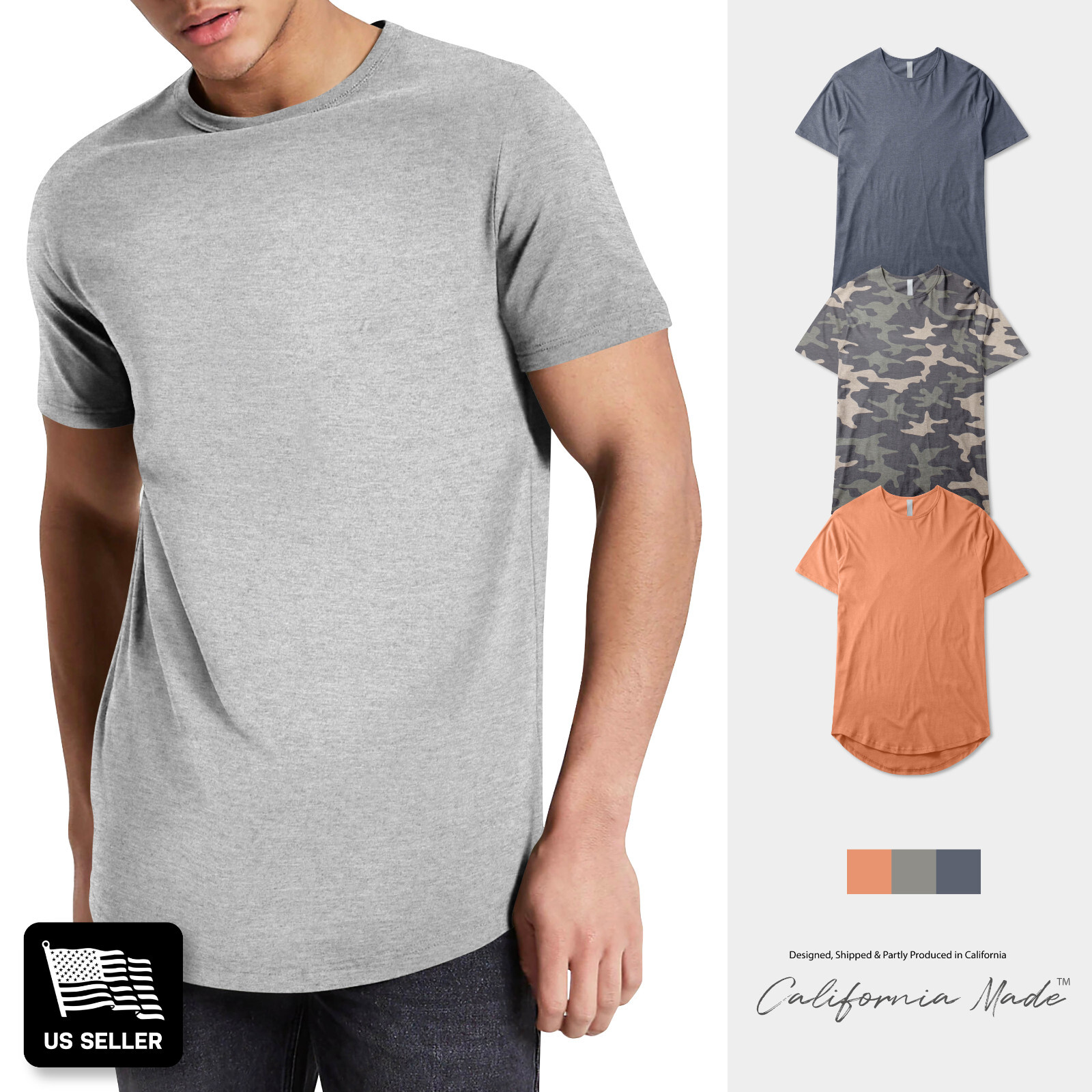 Mens Longline T Shirts Casual Extended Back Hip Hop Hemline BASIC HIPSTER Tee gallery