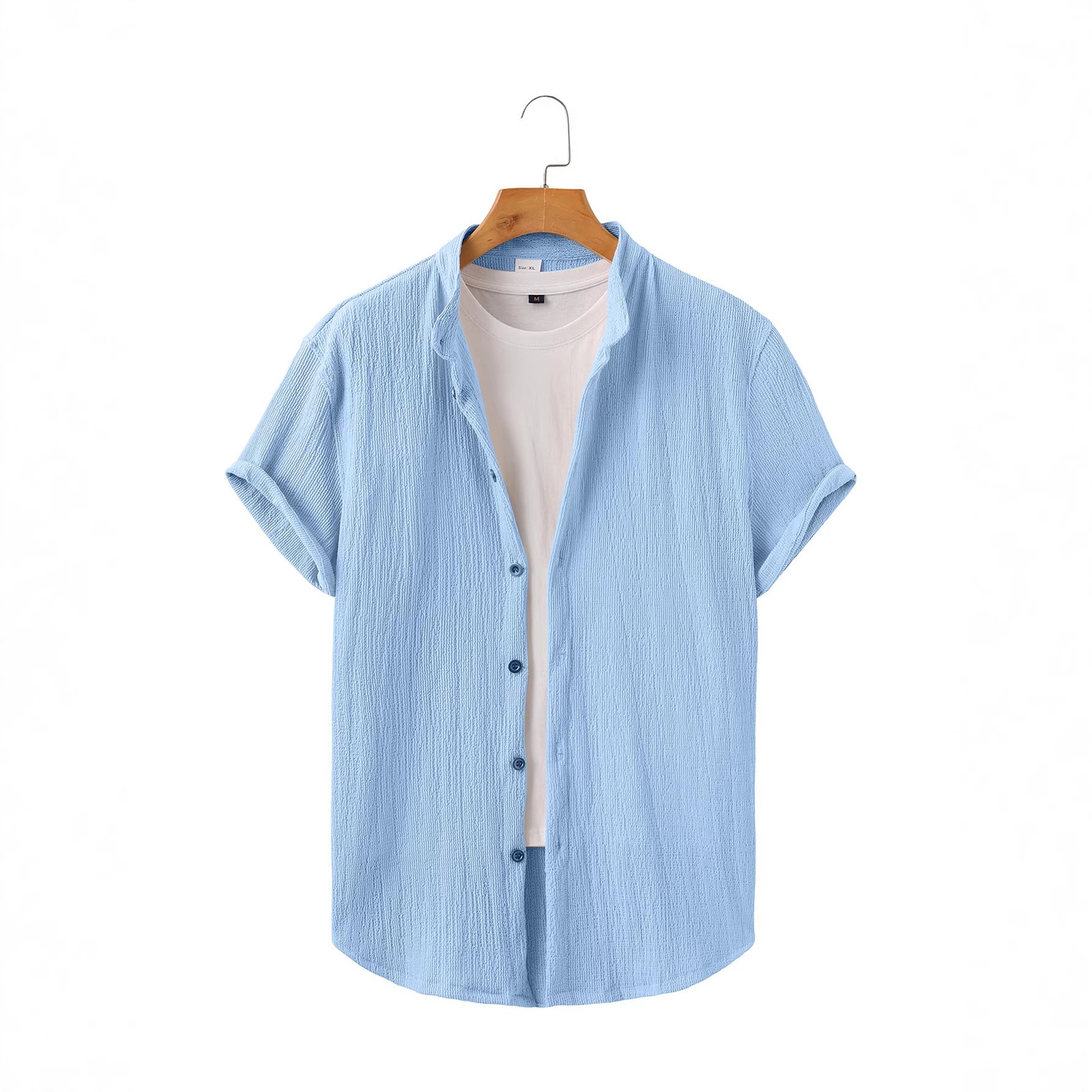 Men's Stand Collar Textured Short Sleeve Button-Down Casual Summer Shirt gallery
