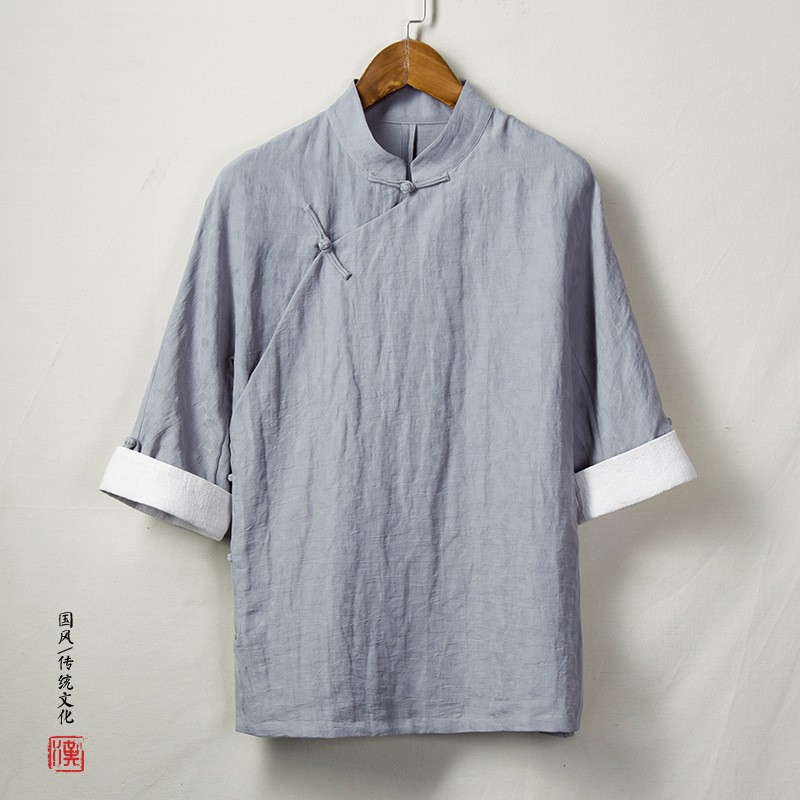 Spring Summer Chinese Style Men’s Linen Tang T-shirt Ethnic Hanfu 3/4 Sleeve Top