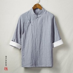 Summer Chinese Style Men’s Flax Linen Tang T-shirts Ethnic Hanfu 3/4 Sleeve Tops