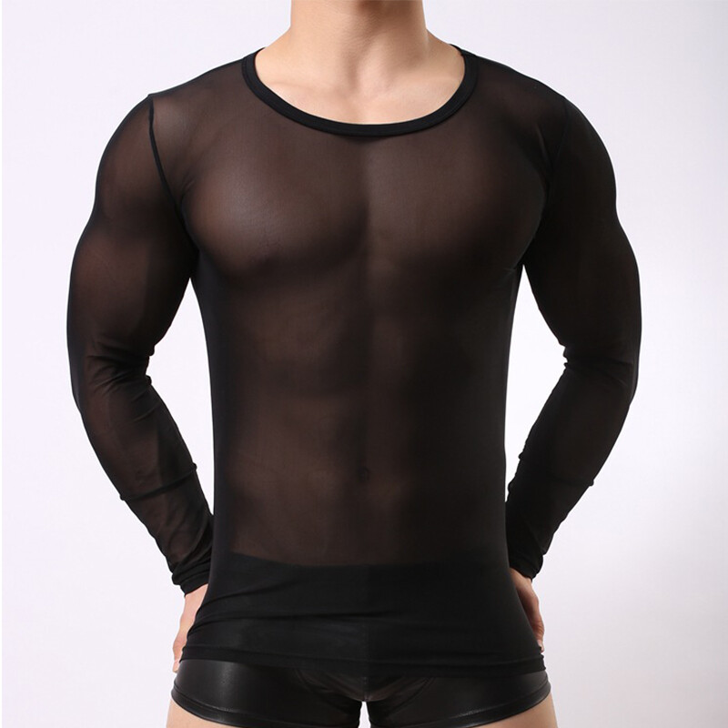 Mens Undershirt Nylon Mesh Men See Through Sheer Long Sleeve Sexy T-shirt