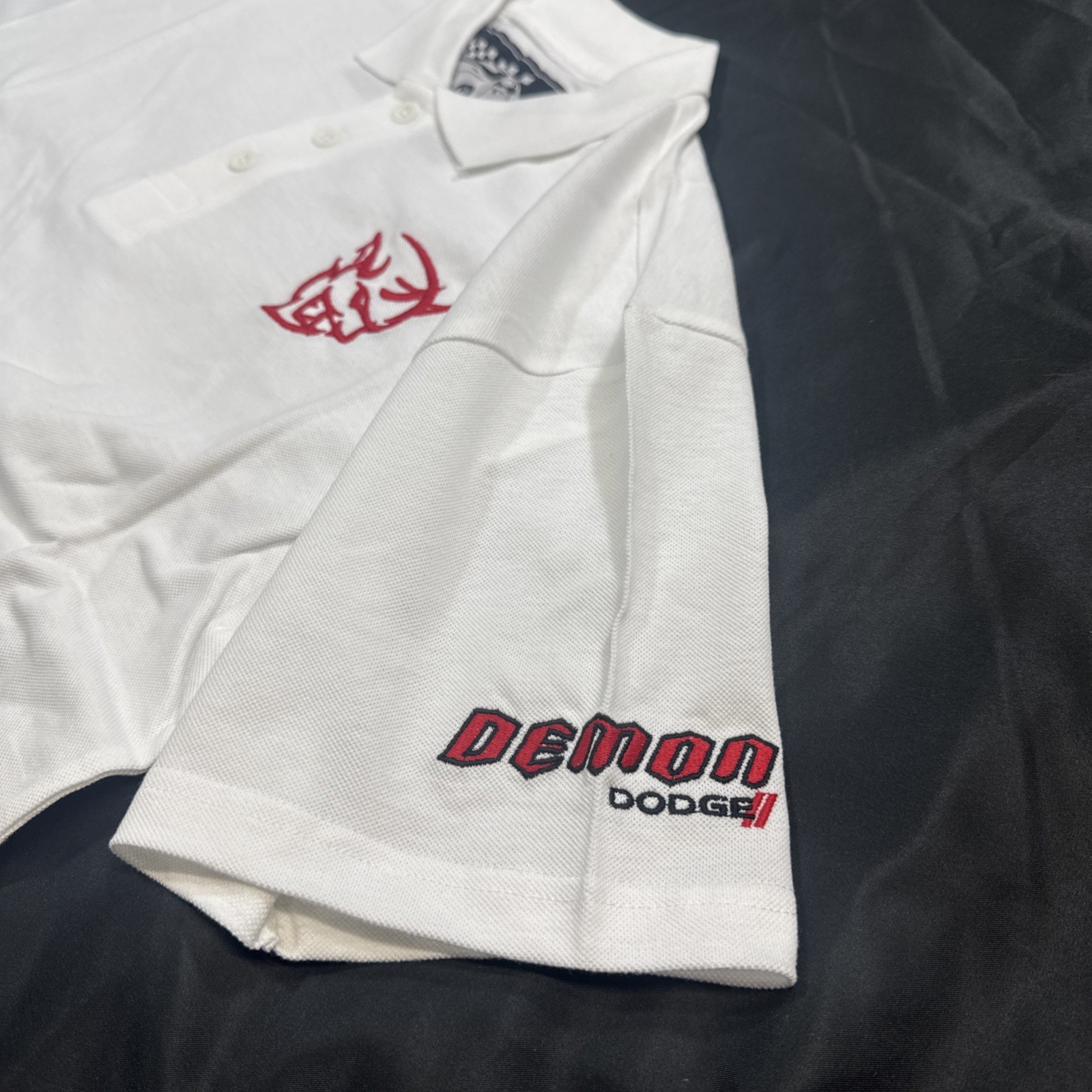 Demon Dodge White Polo Mens Automotive Shirt Embroidered Muscle Car Horsepower gallery