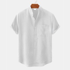 Mens Stand Collar Solid Color Shirt Casual Loose Button Short Sleeve Blouse Top