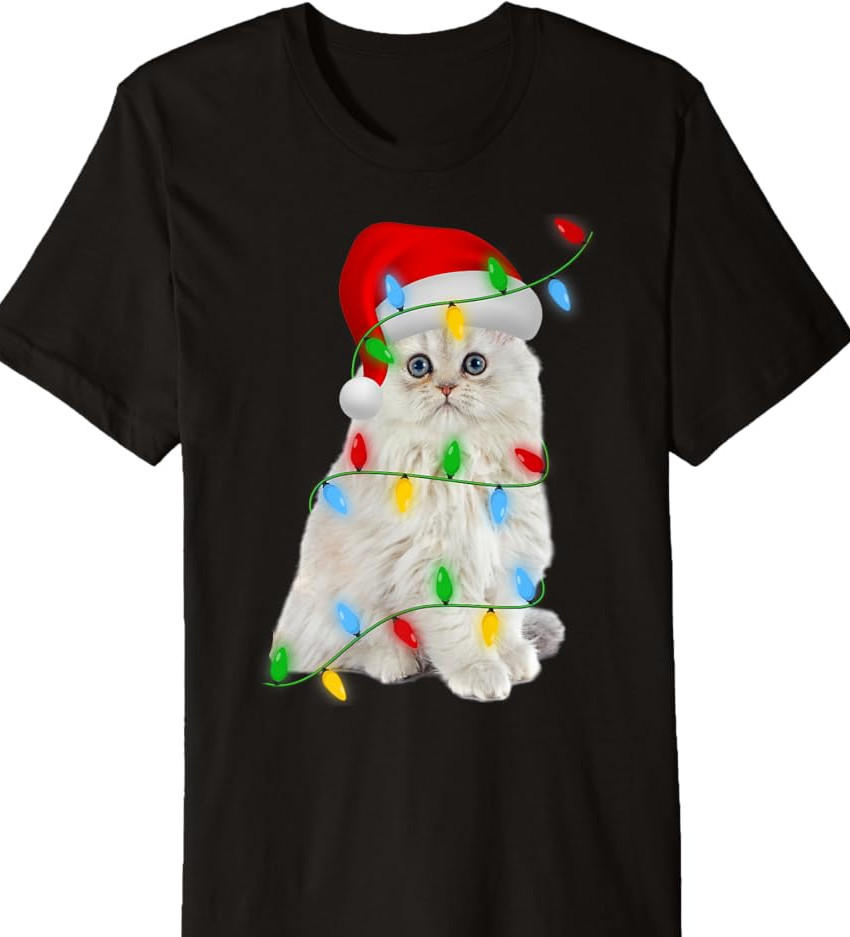 AMAZING Persian Cat Xmas Lights Holiday Santa CHRISTMAS black T-shirt gallery
