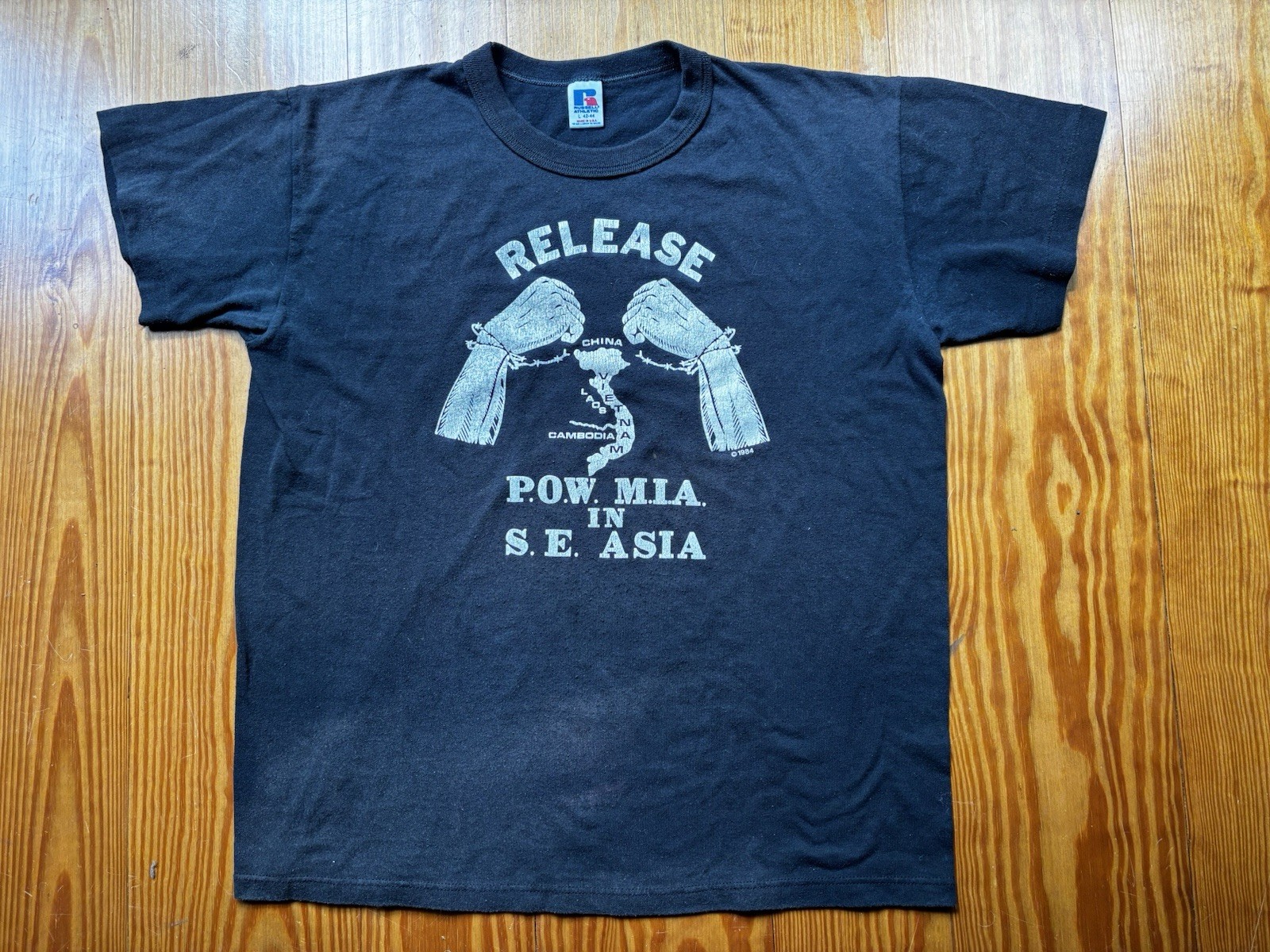 Vintage RELEASE POW-MIA in S.E. ASIA T-Shirt VIETNAM, CAMBODIA, LAOS, CHINA, BLK gallery