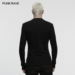 Punk Rave Men Black Gothic Handsome Punk Splicing Knitted T-Shirt Slim Fit Tops