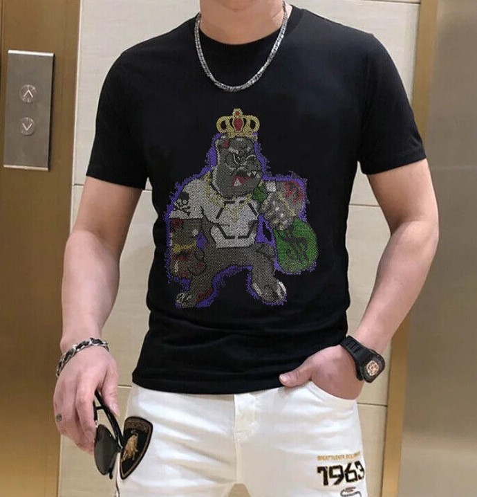 New Fashion Rhinestones Bear Short Sleeve Luxury Men Black White T-Shirt gallery