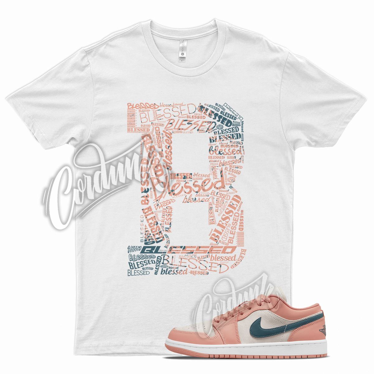 White BLESSED Shirt for Air J1 1 Low Light Madder Root Dark Teal Green Pink