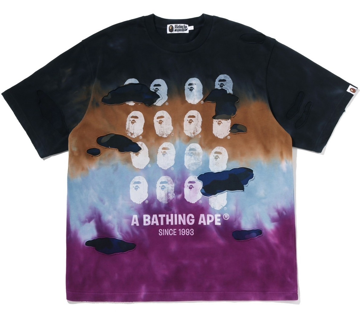 A BATHNIG APE Men's COLOR CAMO TIE DYE DESTROYED MULTI LOGO RELAXED FIT TEE gallery