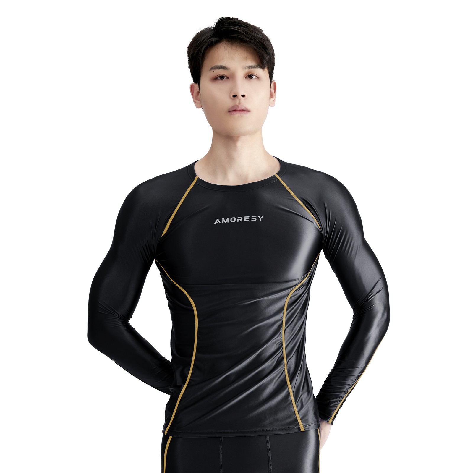 AMORESY Men Glossy Satin Oil Long-Sleeve Fitness T-Shirt Round Neck Running Tops gallery