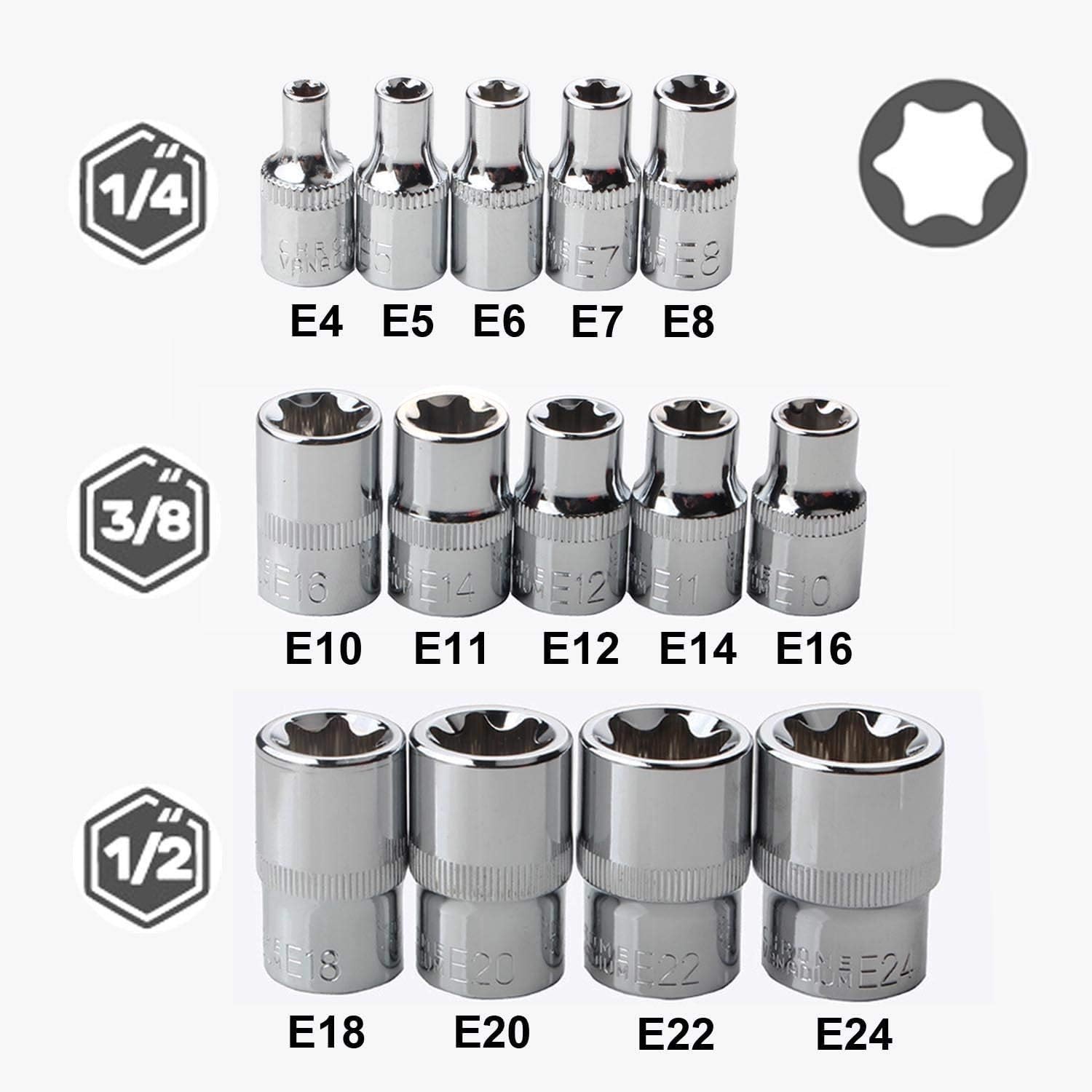 E4 – E24 Socket Set, Female Star Socket, Essential One Size, E