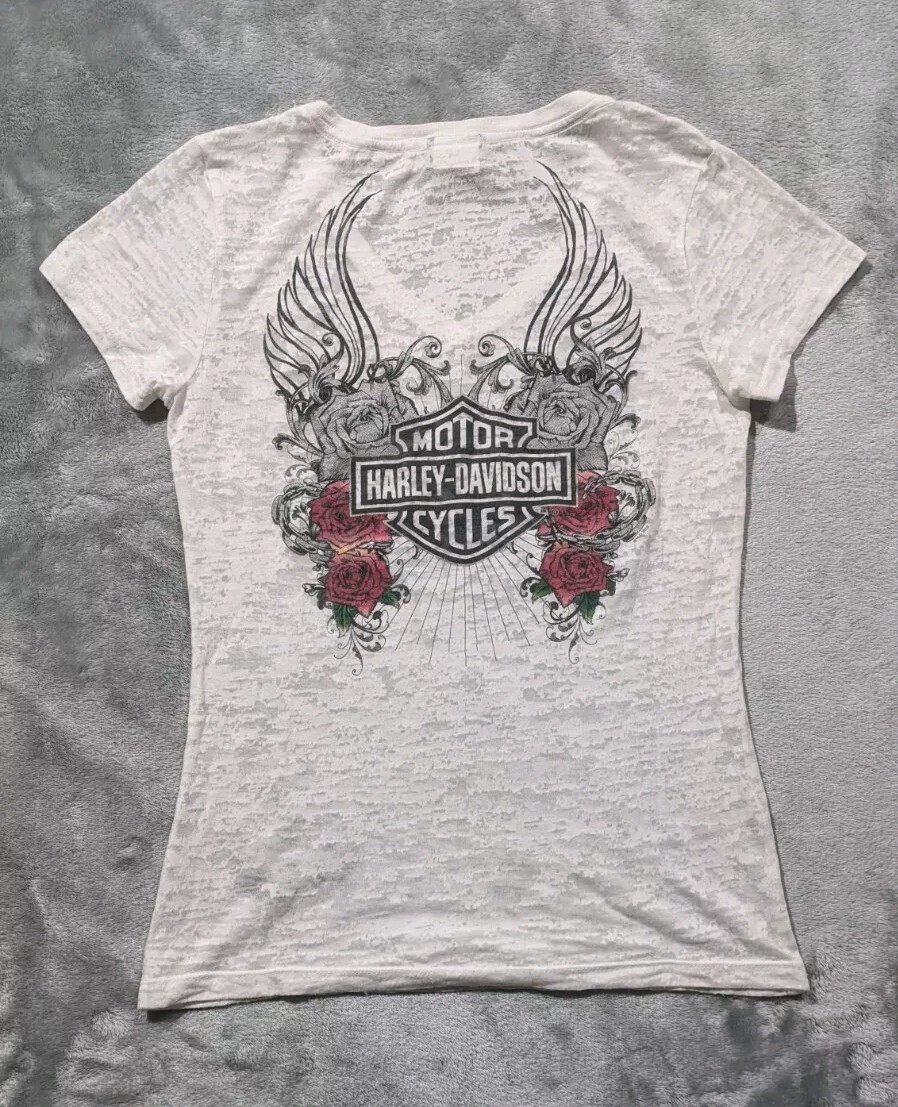 Harley Davidson Motorcycles Angel Wings Semi Sheer V Neck Shirt Womens Size L gallery