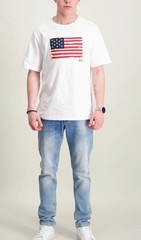 Polo Ralph Lauren White Distressed AMERICAN FLAG Appliqué Short Sleeve T Shirt