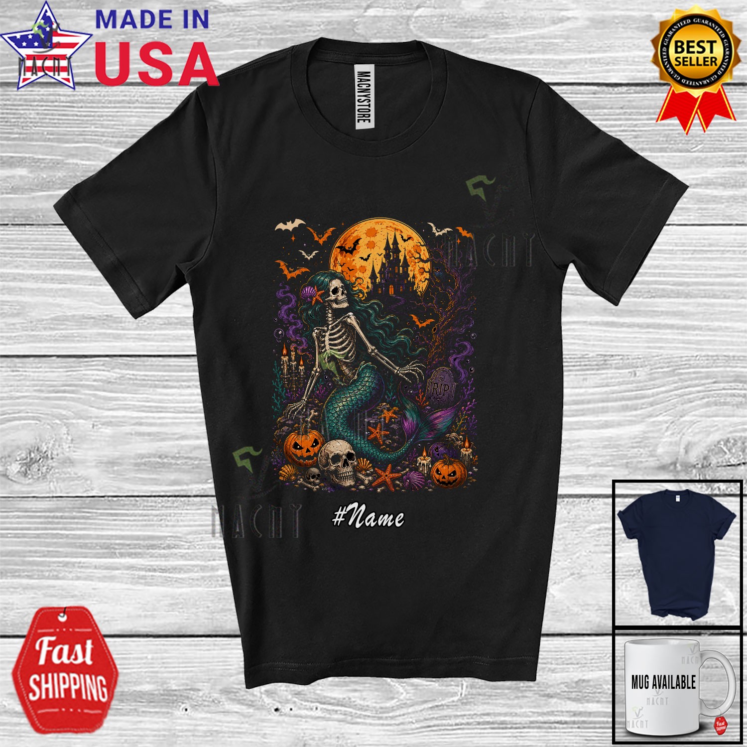 Custom Name Mermaid Skeleton; Scary Halloween Skull Pumpkin Women Family T-Shirt gallery