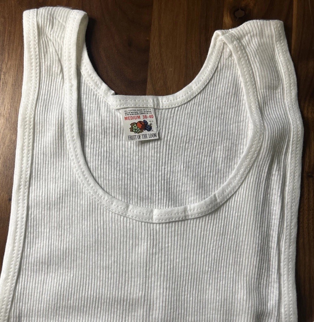 VTG Fruit Of The Loom Ribbed Tank Wife Beater Shirt M 38-40 USA Made Long Length gallery