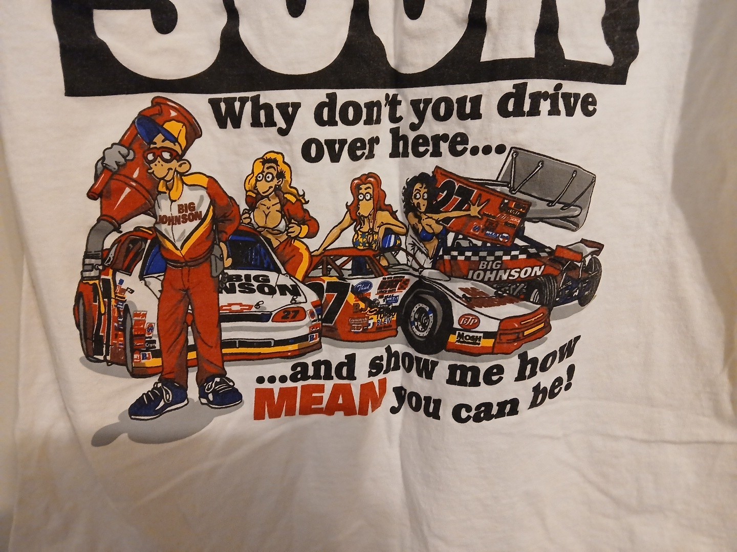 VTG Mens Big Johnson Mean Drivers Suck White Graphic T Shirt Tee L Stains READ gallery