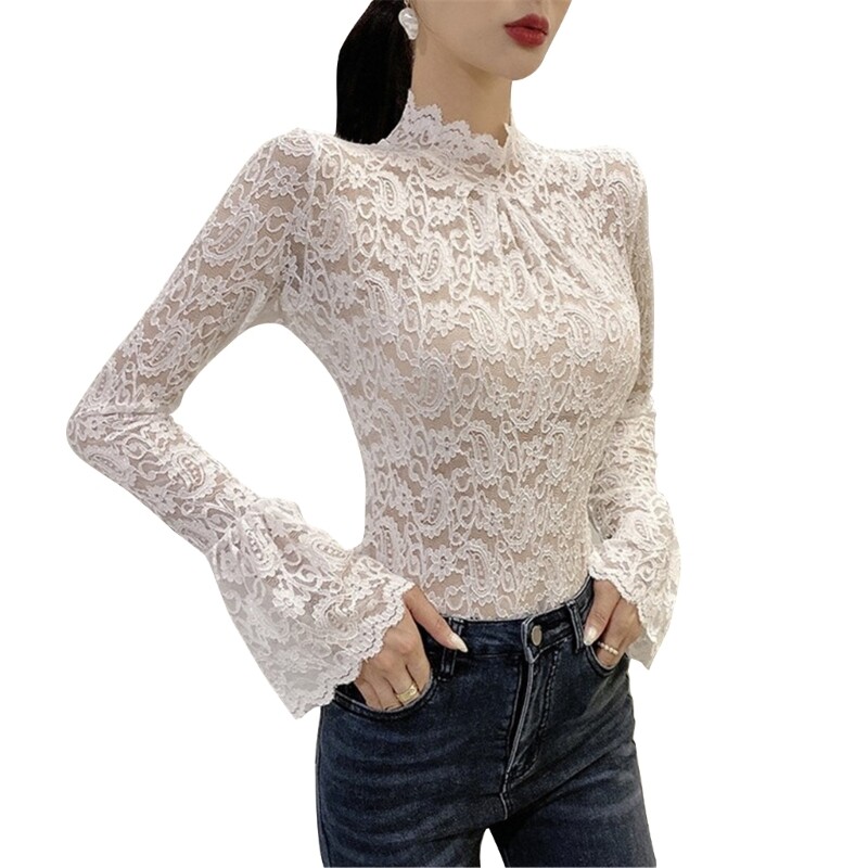 Women Long Sleeves Blouse Turtleneck T-shirt Stretch Lace Bottoming Tops