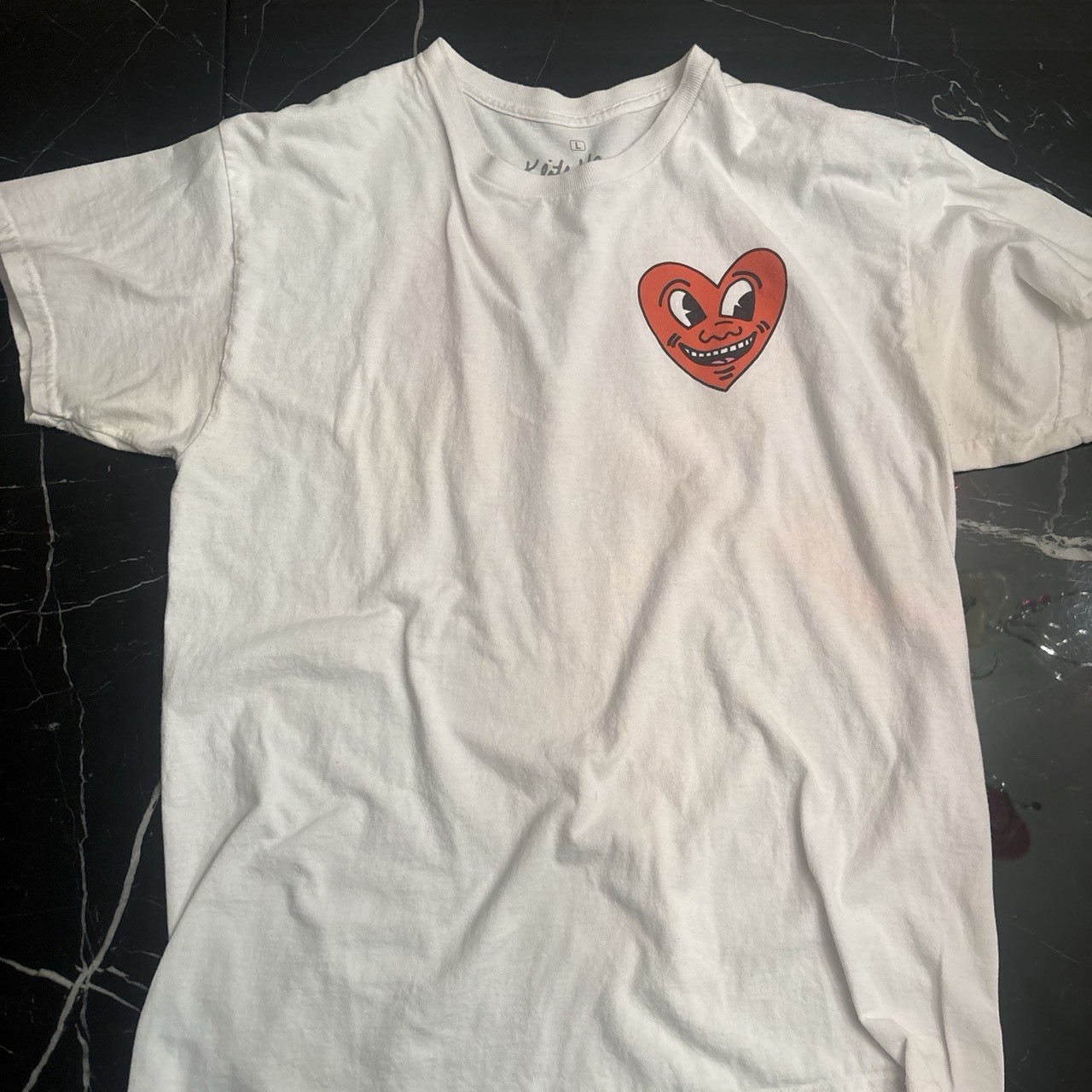 Keith Haring Men's L White Graphic Heart Crew Neck Short Sleeve Cotton Tee gallery