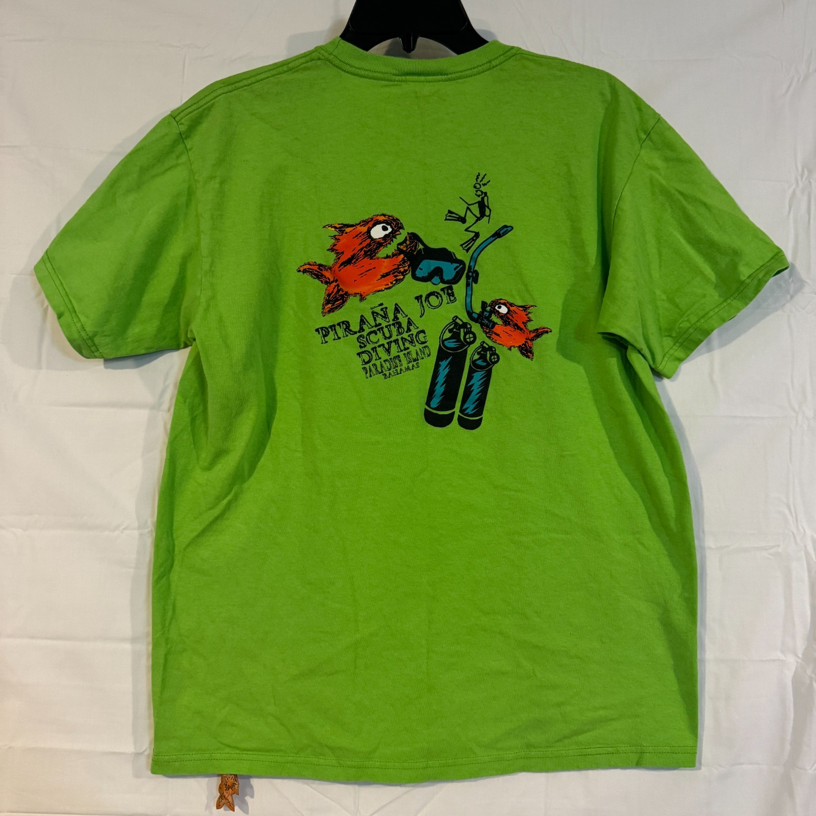 Pirana Joe Shirt Mens Large Lime Green Scuba Diving Paradise Island Bahamas Tee