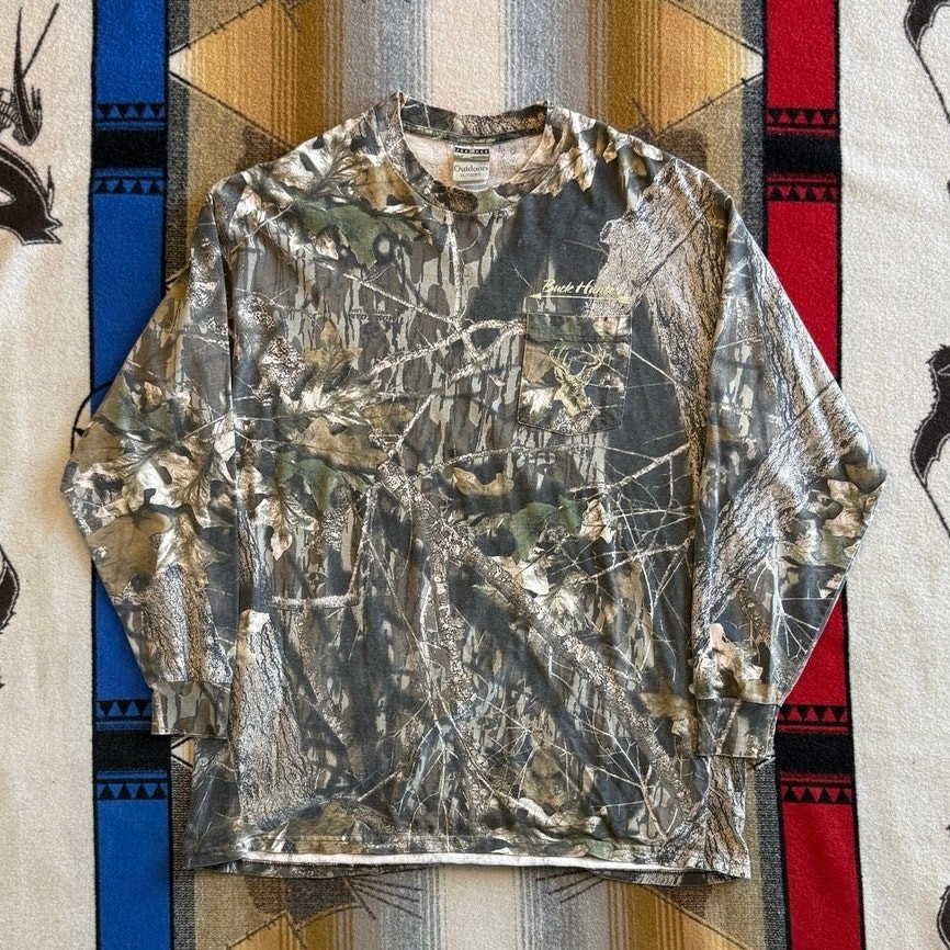 Vintage 90s Jerzees Outdoors Camouflage Long Sleeve Pocket T-Shirt Size XL Hunt gallery