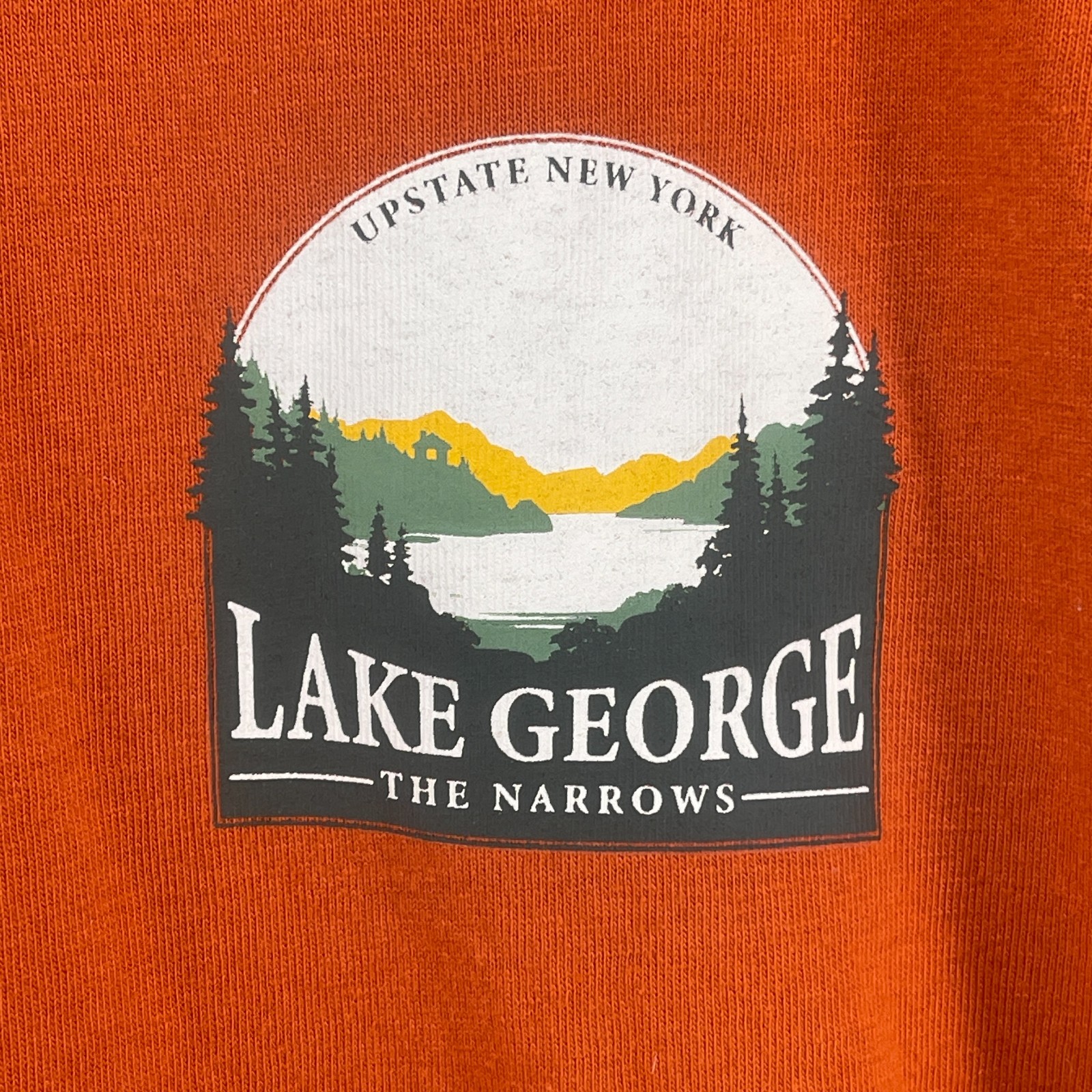 ST JOHNS BAY Shirt Mens L Lake George The Narrows NY Glen Island Outdoor Orange gallery