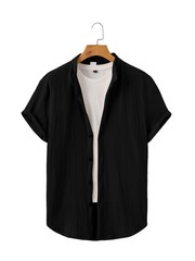 Men’s Stand Collar Textured Short Sleeve Button-Down Casual Summer Shirt