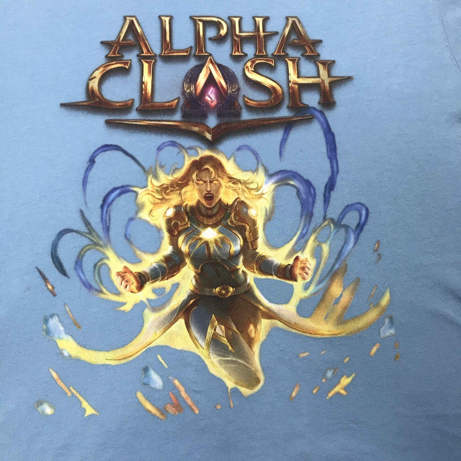 Rare Alpha Clash Tcg Light Blue Promo T Shirt Size XL gallery