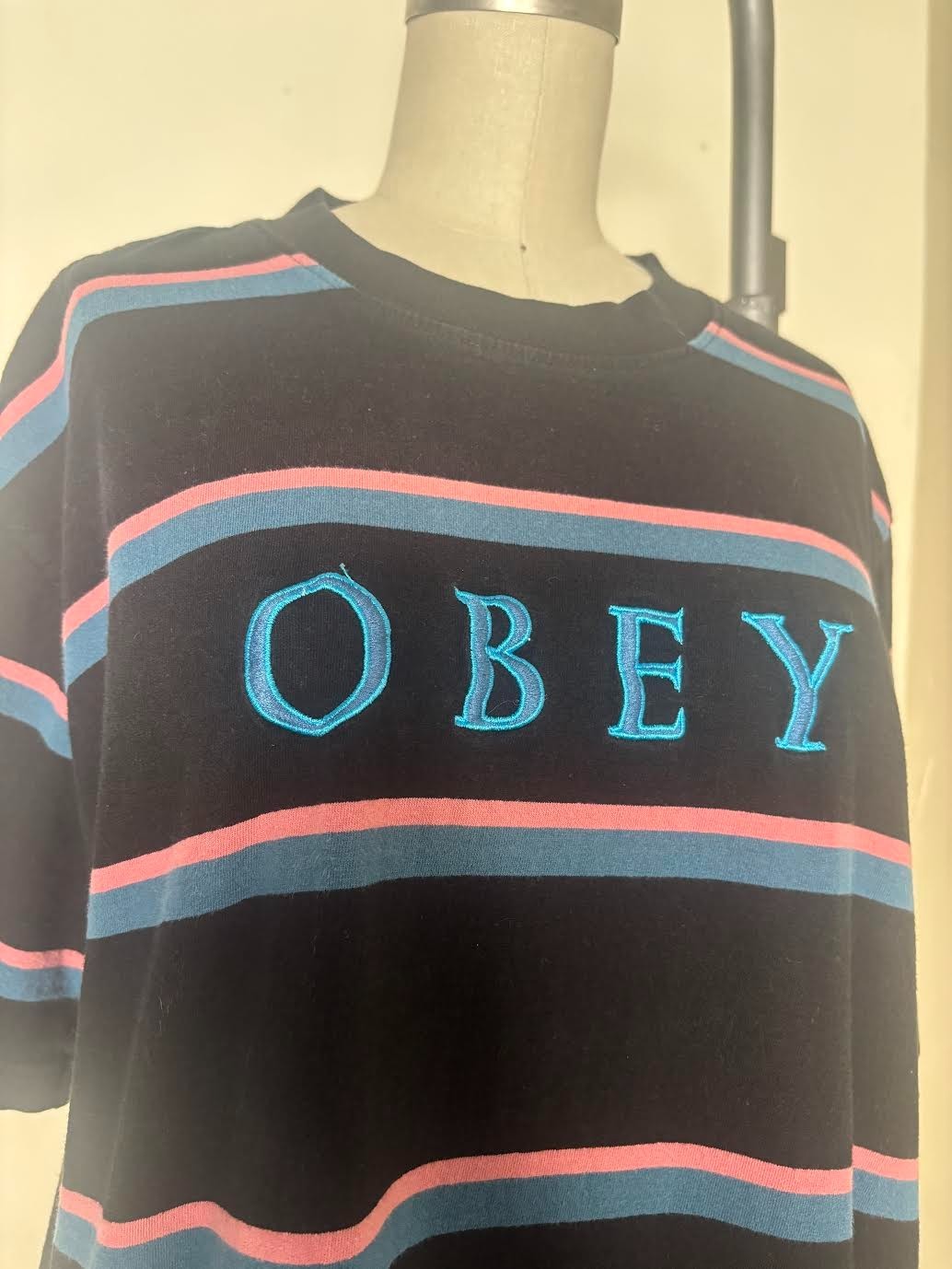 Obey Worldwide Mens Large Black Pink Blue Striped Emb Logo T Shirt Streetwear gallery