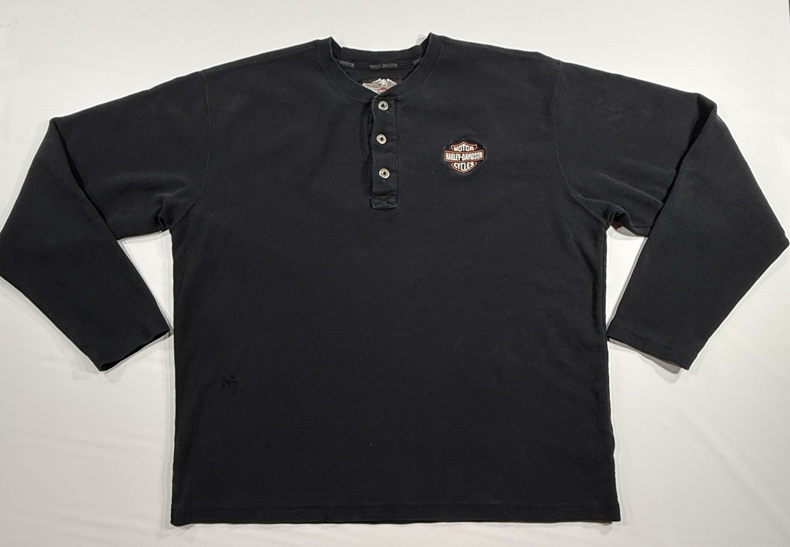 Vintage Harley Davidson Henley Shirt Mens XL 3 Button Wings Back Hit *See Pics gallery