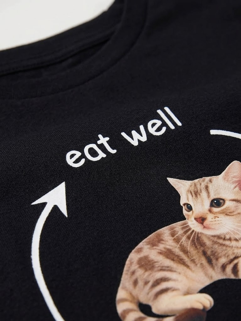Spring And Summer Casual Print T-Shirt, Black Dot Cat Expression Pattern Print gallery