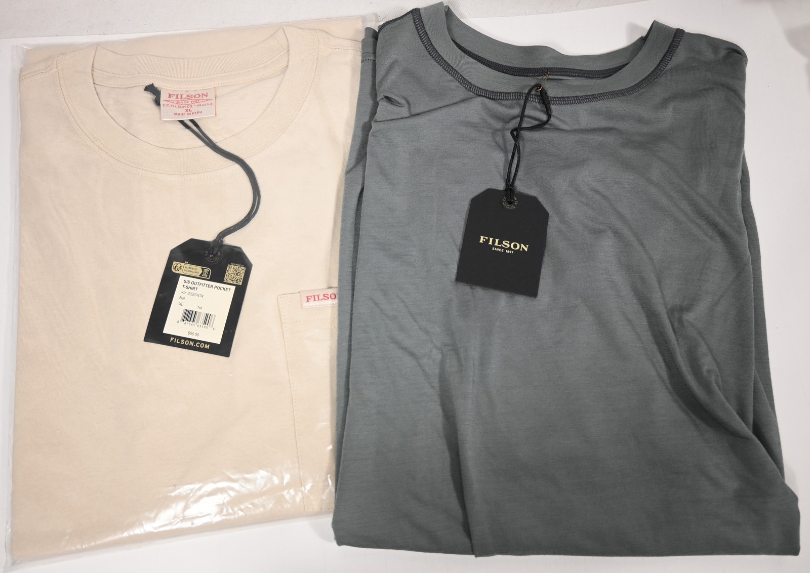 NEW NWT 2 MENS FILSON T-SHIRTS SZ XL Beige Outfitter Pocket, Wool Blend UPF Gray