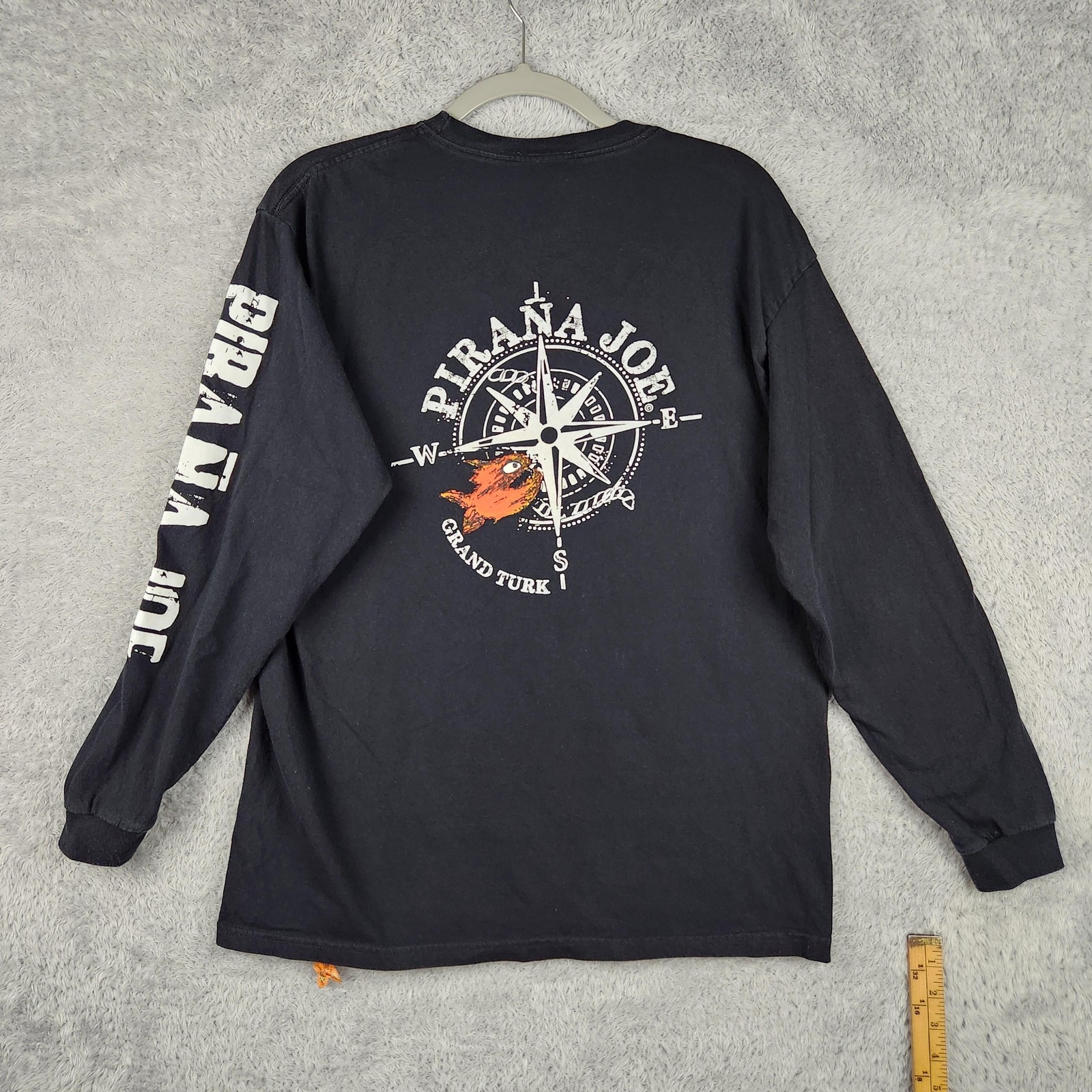 Pirana Joe Shirt Mens Large Black Grand Turk Compass Nautical Fish Graphic Logo
