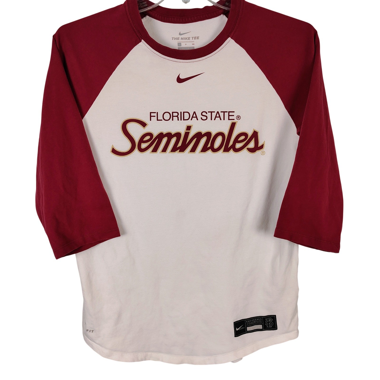 Nike Florida State Seminoles Baseball Raglan Tee White Maroon Small Dri-FIT