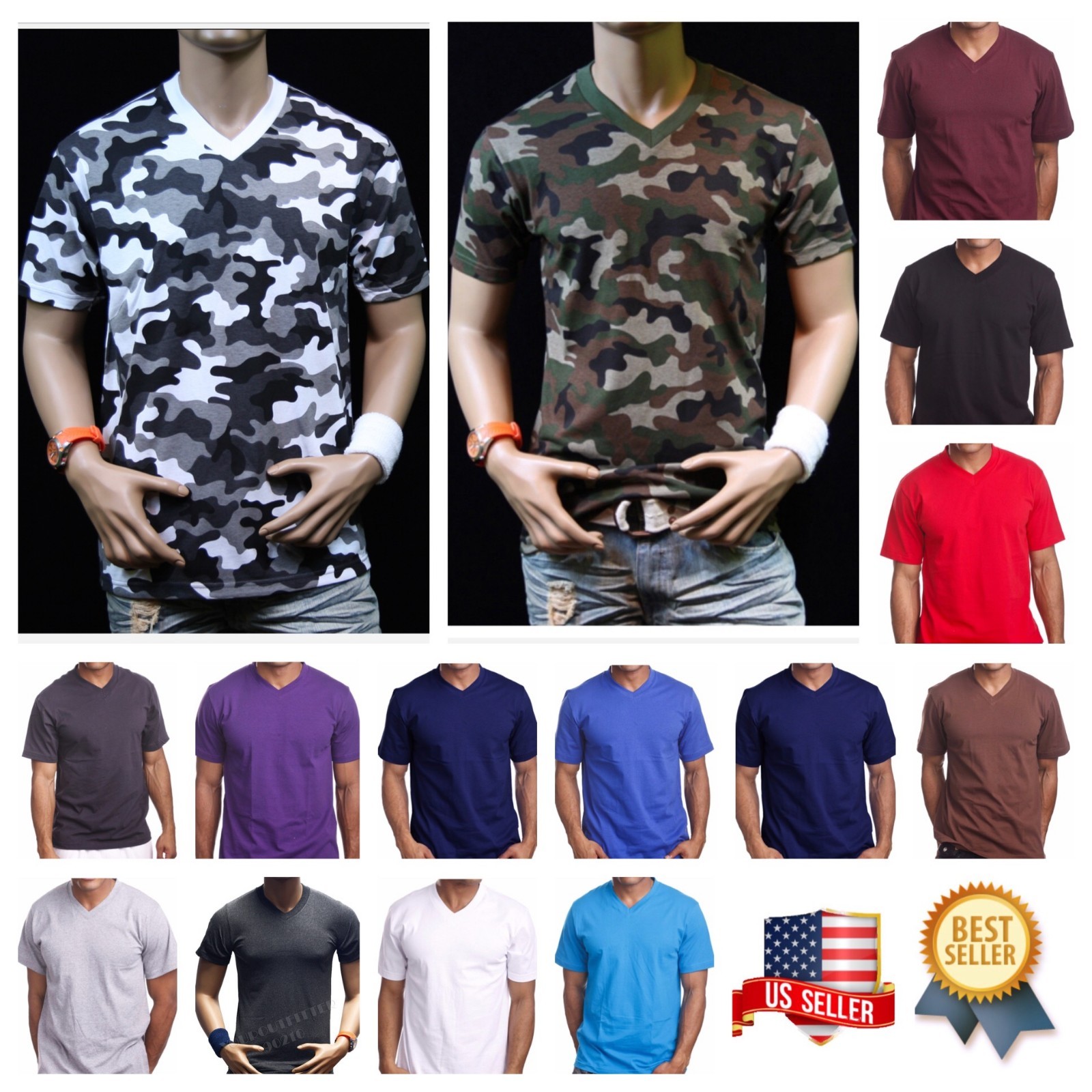 Men S-5XL T-Shirt HEAVY Weight V-NECK Camo Plain Solid Cotton Big Size Tee gallery